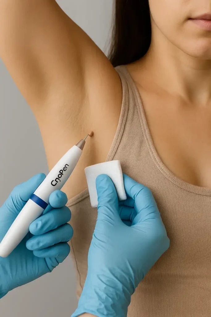 woman having cryopen to remove underarm skin tags Basildon